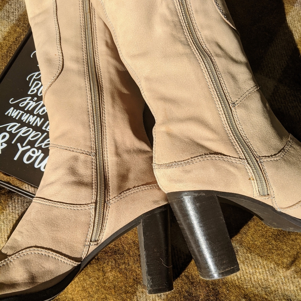 Natural Tan Cream Taupe Brushed Leather Suede High Heel Tall Fashion Boots 7.5 - Picture 8 of 15